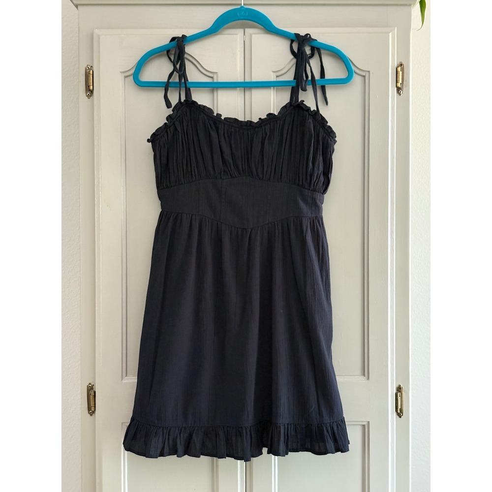 Aerie Black‎ Cotton Tie Strap Ruched Ruffle Mini Dress Medium Smocked Back